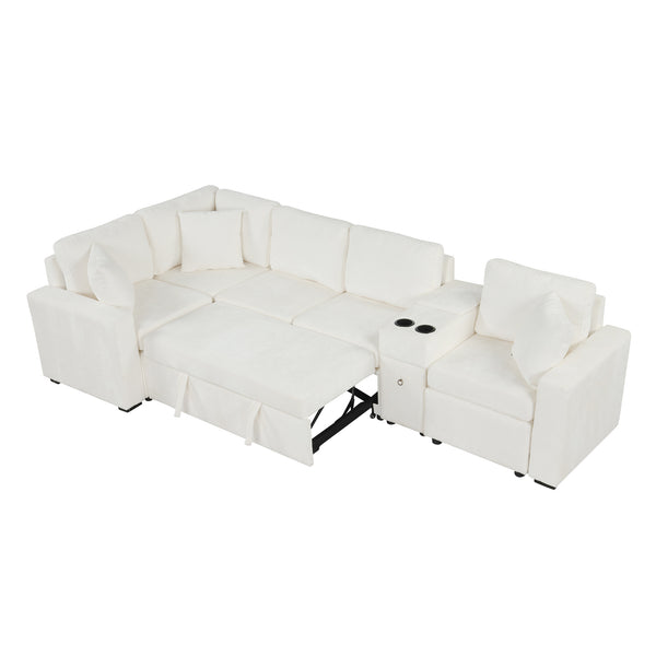 English Elm 120.5" L-shaped Convertible Sofa Bed Modular Sectional with Pull-Out Sleeper, Chenille, Storage, Cup Holders White N719S001940K