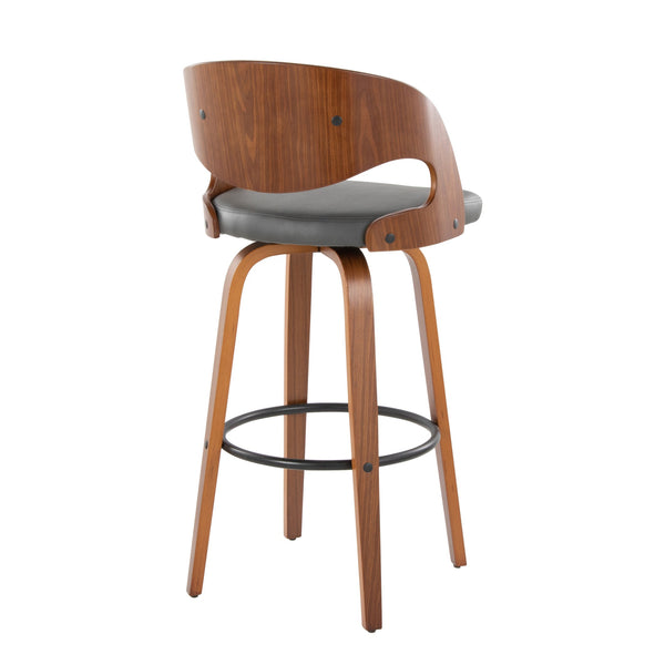 English Elm Pino 30" Mid-Century Barstools Set of 2 — Walnut Bentwood Legs, Grey Faux Leather, 360° Swivel Comfort B202S00634