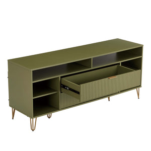 English Elm Dumbo 63" Fluted Media Console with Gold Legs, 2 Drawers, 6 Shelves & Wire Management Elegance Olive Green B365P397921