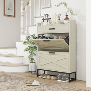 English Elm HOMCOM Industrial Narrow Shoe Cabinet with 2 Flip Drawers, Adjustable Shelves & Top Drawer for Entryway Organization and Hidden Storage White W2225P229447