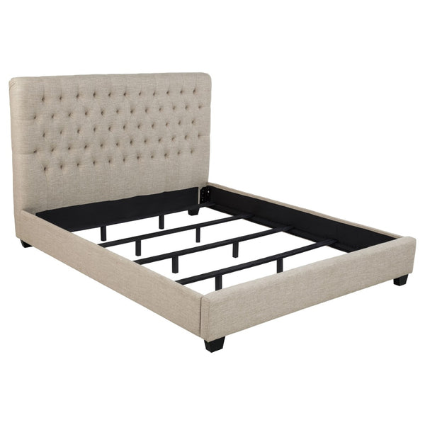 English Elm Oatmeal Tufted Upholstered California King Bed Espresso Birch Legs Open Silhouette B062S01846