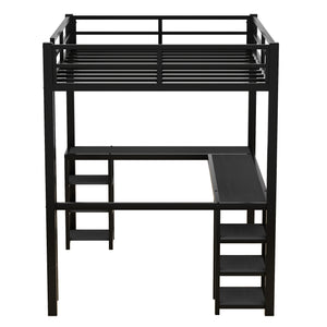 English Elm Full Metal Loft Bed With Desk & Shelves - Space-Saving Design, Safety Guardrails, Modern Black Frame W1580S00049