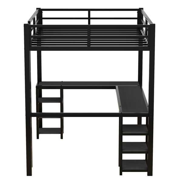 English Elm Full Metal Loft Bed With Desk & Shelves - Space-Saving Design, Safety Guardrails, Modern Black Frame W1580S00049