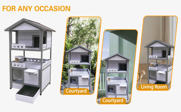 English Elm Three Story Solid Wood Outdoor Cat Villa with Balcony Weatherproof Feral Shelter W1431P284943