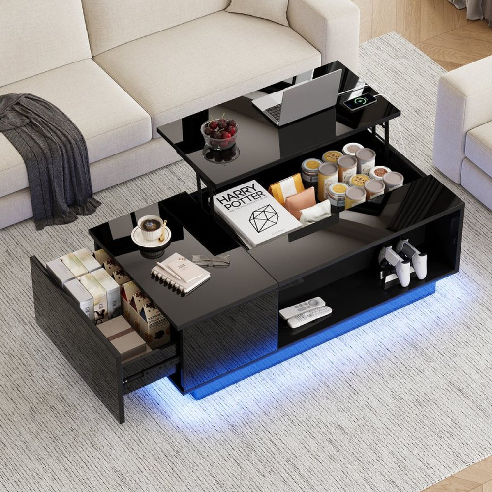 English Elm Coffee Table with Led Lighting Bluetooth Speaker Wireless Charging and Faux Marble Top T3773P417345