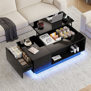 English Elm Coffee Table with Led Lighting Bluetooth Speaker Wireless Charging and Faux Marble Top T3773P417345
