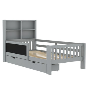English Elm Twin Chalkboard Platform Bed with Drawers & Shelves, Solid Wood Kids Bed with Storage and Creative Headboard Grey W1580P362706