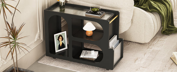 English Elm ON-TREND Mobile End Table with Locking Wheels, Fluted Tempered Glass Top, Gold Rod Accent, Sleek Storage Design Black N721P179241B