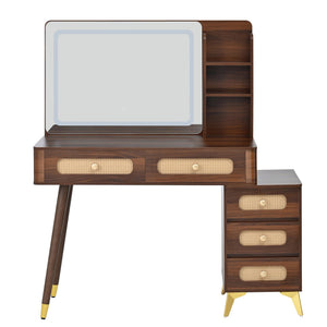 English Elm 47''Vintage Elegant Makeup Vanity with Lights and Mirror, 5-Drawer Rattan Design, Solid Wood Craftsmanship Dark Walnut 46 L x 27 W x 8 H N733P337468D