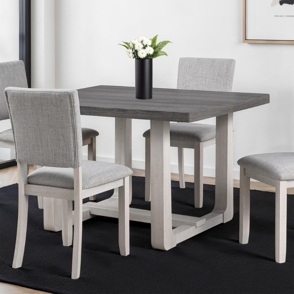 English Elm Transitional Rectangle Dining Table with U-shaped Trestle Base Rubberwood Build Seats Four Gray B2741P425809