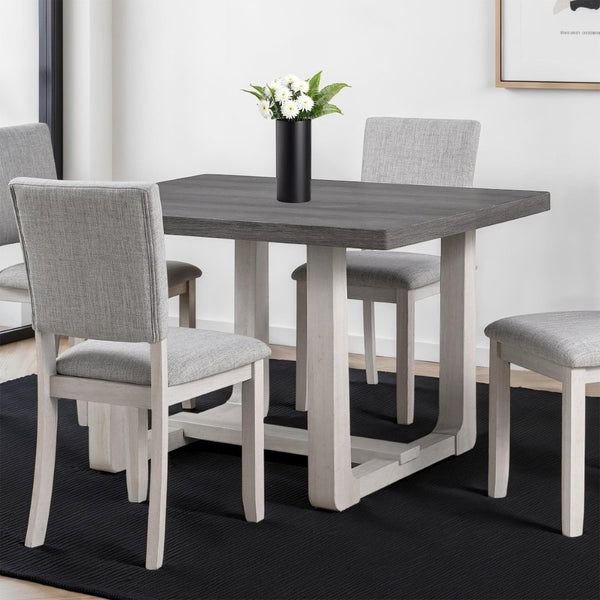 English Elm Transitional Rectangle Dining Table with U-shaped Trestle Base Rubberwood Build Seats Four Gray B2741P425809
