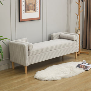 English Elm 65.35"wide Corduroy Storage Bench with Flip Top Bolster Pillows and Padded Backrest Light Gray W3118P410500