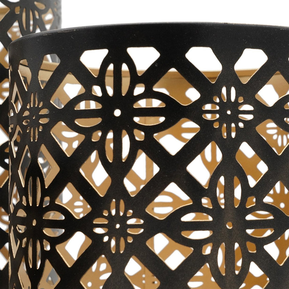 English Elm Set Pierced Metal Lanterns Helena Trio with Moroccan Patterned Cutouts for Ambient Candlelight Decor Black+Gold W2078P370263