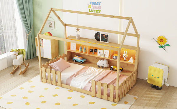 English Elm Twin House Bed with LED Light and Built-In Bookshelf, Solid Wood Playhouse Design for Kids Safety Natural 78.15 L x 15.75 W x 6.1 H W2593P269092
