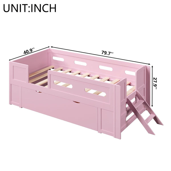 English Elm Wood Twin Platform Bed for Kids with Fence Guardrail and Under Storage Drawer Pink N709P385777H