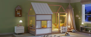 English Elm Twin House Frame Floor Bed Pinewood Build with Led Roofline Kids Bedroom Cream,White W697P435884