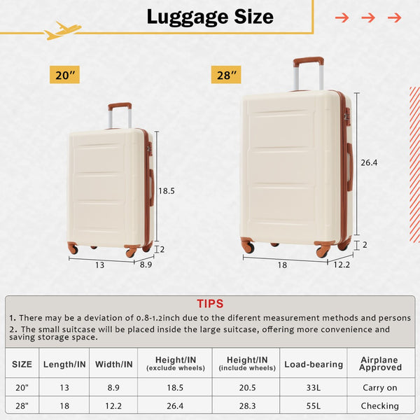 English Elm 2 Piece Abs Hard Shell Spinner Luggage Set with Tsa Lock Expandable Suitcases Khaki+Brown N732P198745K
