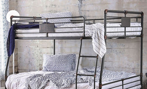 English Elm Industrial Metal Bunk Bed Full Over Queen with Attached Ladder, Pipe Frame, Upper Guard Rails, Vintage Charm Antique Black 70 L x 65 W x 5 H B2741S00374