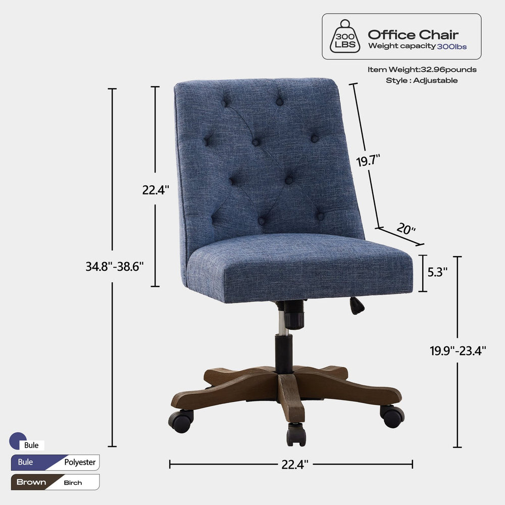 English Elm Upholstered Swivel Desk Chair with Chenille Fabric, Ergonomic Armless Office Seat, Adjustable Height, Durable 300lb Capacity Blue W2975P223171
