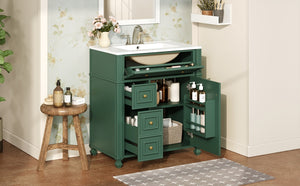 English Elm Bathroom Vanity with Sink French-Inspired 30" Ceramic Basin Vanity Cabinet with Soft-Close Doors & Drawer Organizer Green N710P286723F