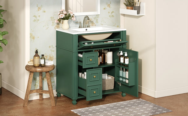 English Elm Bathroom Vanity with Sink French-Inspired 30" Ceramic Basin Vanity Cabinet with Soft-Close Doors & Drawer Organizer Green N710P286723F