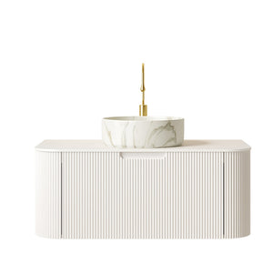 English Elm Dina Floating Bathroom Vanity Sintered Stone Top Glass Basin Striped Plywood Cabinet W2615S00433