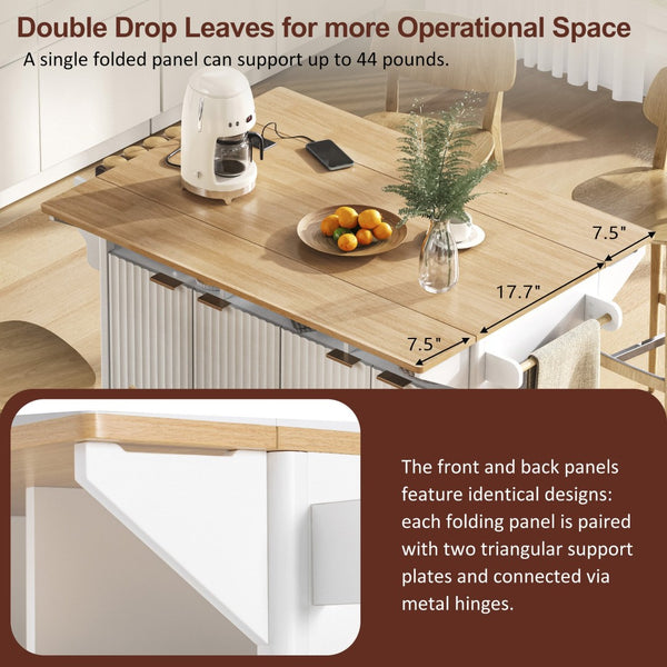 English Elm K&k Fluted Rolling Kitchen Island Faux Marble Top Power Outlet Storage Drawers White N707P353934W