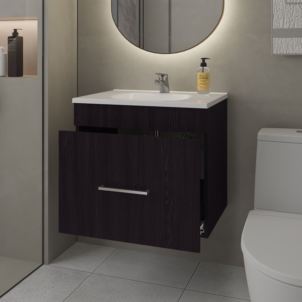 English Elm Wengue Floating Bathroom Vanity Set with Sink — Elegant Waterproof Wenge Finish, Sturdy 1-Drawer Storage B062P355541