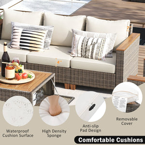 English Elm K&k 8 Piece Outdoor Wicker Sectional Set with Swivel Rockers and Acacia Storage Table Beige+Brown N707S005016Z