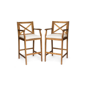 English Elm Christopher Knight Home® - PERLA Acacia Wood Outdoor Barstool Set of 2 with Water-Resistant Cushions, Cross-Back Farmhouse Charm Brown 63748.00CRM