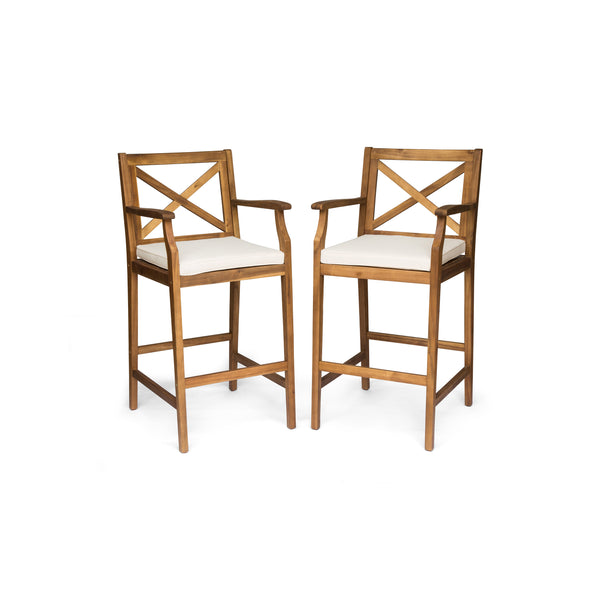 English Elm Christopher Knight Home® - PERLA Acacia Wood Outdoor Barstool Set of 2 with Water-Resistant Cushions, Cross-Back Farmhouse Charm Brown 63748.00CRM