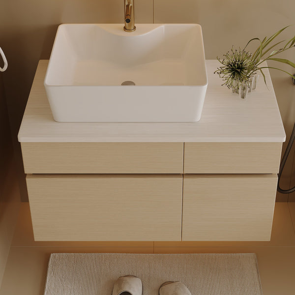 English Elm 31.5 Modern Floating Bathroom Vanity with Vessel Sink, Walnut Finish, Drawer Storage & Bracket Included White,Wood W3136S00019