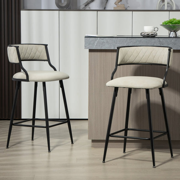 English Elm SET 26'' Counter Height Bar Stools with Breathable PU, High-Density Foam, Black Powder-Coated Base, Footrest Beige W2215P196279