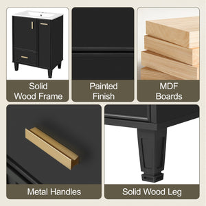 English Elm Christopher Knight Home® - 24" Bathroom Vanity with Ceramic Sink, Solid Wood Frame, Soft-Close Drawers & Ample Storage Appeal Black N759P269734B