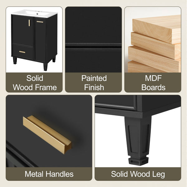 English Elm Christopher Knight Home® - 24" Bathroom Vanity with Ceramic Sink, Solid Wood Frame, Soft-Close Drawers & Ample Storage Appeal Black N759P269734B
