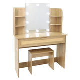 English Elm Vanity Desk Set Stool & Dressing Table With Led Lighting Mirror Drawer and Compartments Modern Wood Cosmetic Table Chest Of Drawers Nature Color