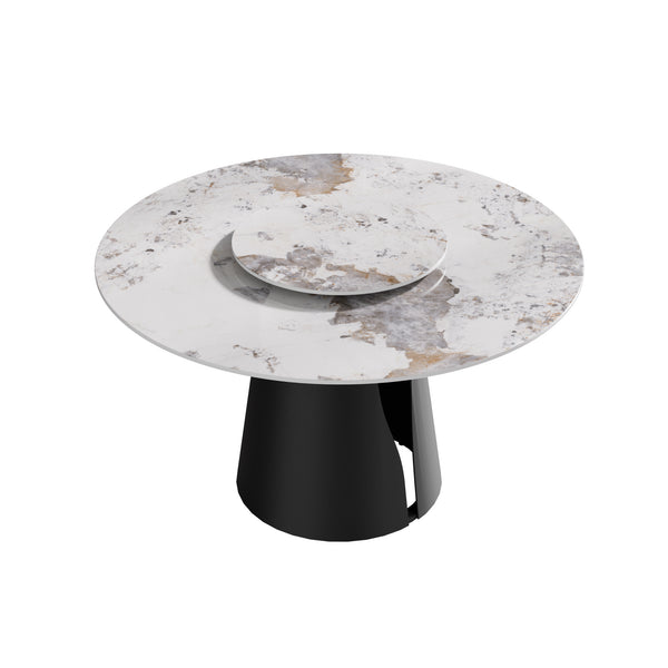 English Elm 53"Modern Round Dining Table With Turntable – Durable Sintered Stone Top & Black Steel Base For 6 Guests W1535S00444
