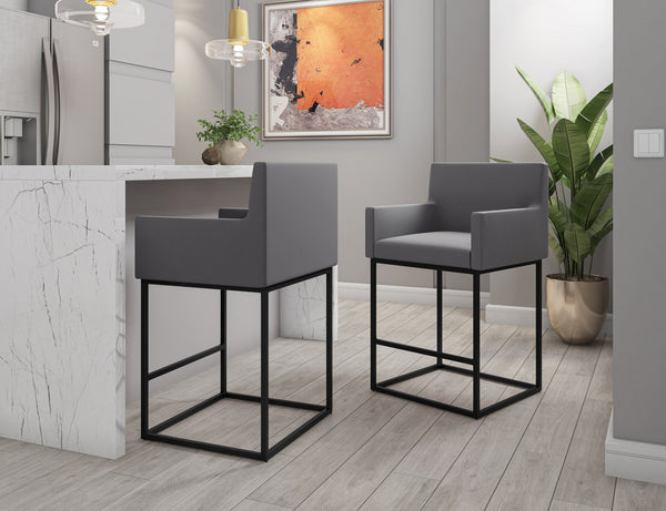 English Elm Ambassador Metal Upholstered Counter Stool with Faux Leather, Foam Padding & Built-In Footrest, 26" seat height Grey B365P398451