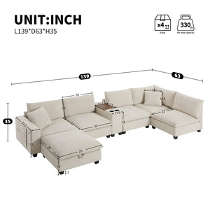 English Elm 139'' U-shaped Corduroy Sectional with Ottoman Console Usb Port and Cup Holders for Living Beige N723S1166A