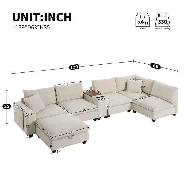 English Elm 139'' U-shaped Corduroy Sectional with Ottoman Console Usb Port and Cup Holders for Living Beige N723S1166A