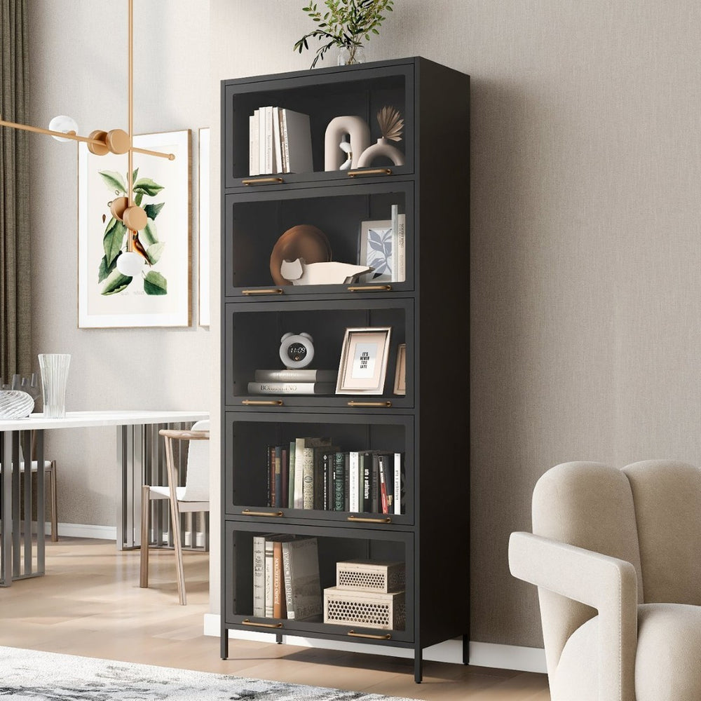 English Elm 76.75'' Tall Steel Barrister Bookcase with Led Lit Shelves and Brass Hardware Display Black SN845P397473B