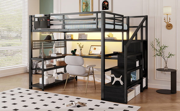 English Elm Full Size Steel Loft Bed with Staircase Storage Wardrobe Desk and Led Lighting Black W2593S00079