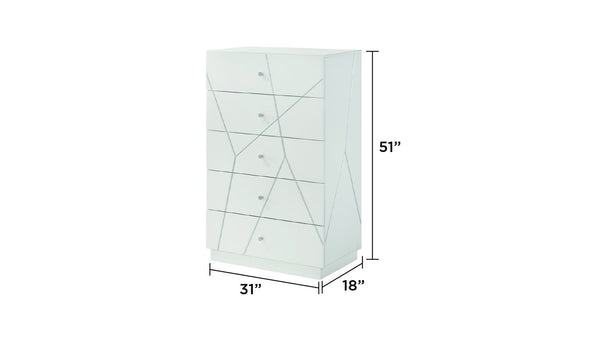 English Elm Manhattan Lacquer Chest with Geometric Front, 5 Smooth-Glide Drawers for Modern Bright Bedroom Storage G150108681