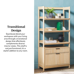 English Elm Walker Edison - Transitional Wide Reeded Bookshelf with Drawers on Bottom for Home Office, Spacious Shelving & Storage Oak 75.25 L x 20.63 W x 7 H B185P200194