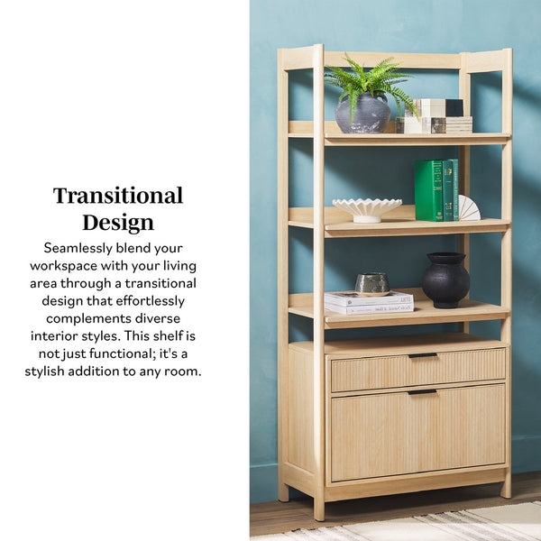 English Elm Walker Edison - Transitional Wide Reeded Bookshelf with Drawers on Bottom for Home Office, Spacious Shelving & Storage Oak 75.25 L x 20.63 W x 7 H B185P200194