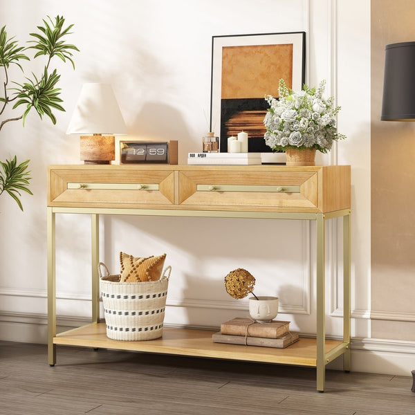 English Elm Trexm Retro Modern Console Table Two Drawers Geometric Matte Black Gold Entryway N715P227910N