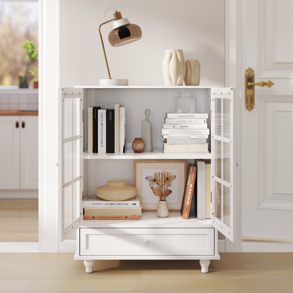 English Elm Minimalist Vintage White Buffet Cabinet with Glass Doors, Solid Wood Legs, Adjustable Shelves & Drawer W2557P189574