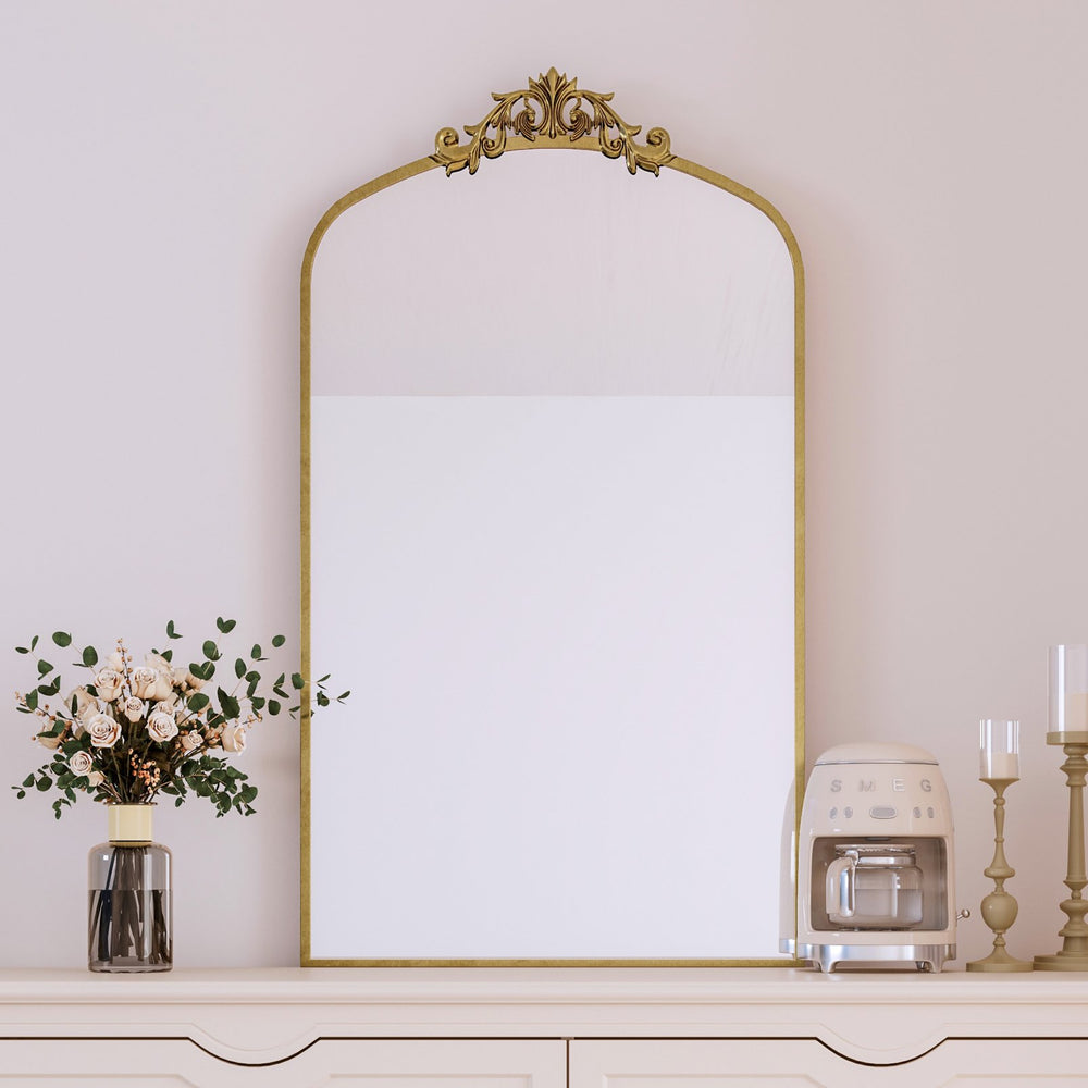 English Elm Wall 43x24 Inch Ornate Arch Mirror Antique Bronze Baroque Metal Frame Vintage Dressing Mirror for Entryway Elegance W1435P248711