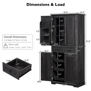 English Elm K&K 71" Tall Farmhouse Pantry Cabinet with Groove Edges, 3 Pull-Out Organizers, 6 Door Shelves Black N707P256507B