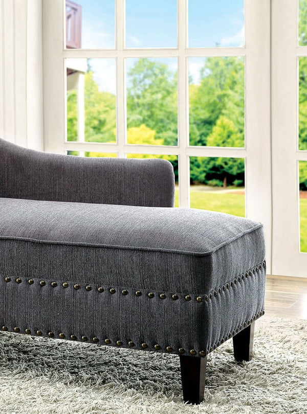 English Elm Modern Upholstered Chaise with Nailhead Trim and Curved Arm, Linen-Like Fabric, Dark Cherry Frame Gray 61 L x 26 W x 24 H B2741P305690